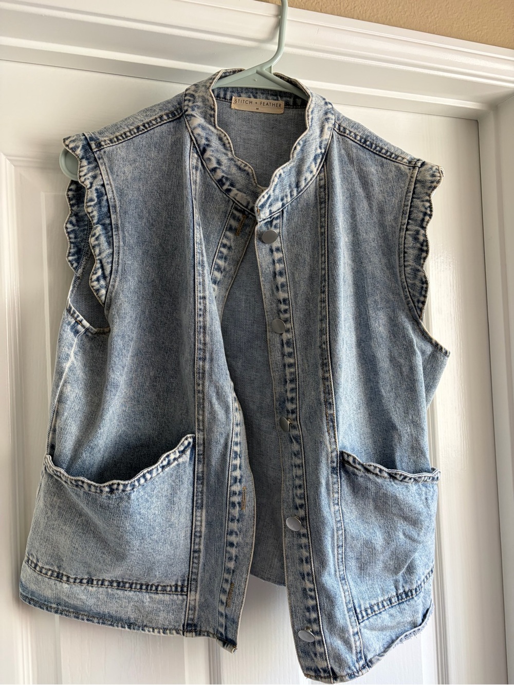 Light Wash Denim Vest - Sleeveless Ruffle-Trim Vest in Blue